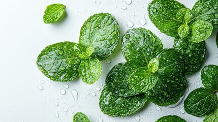Obraz premium Fresh mint leaves with water drops on white background for culinary use