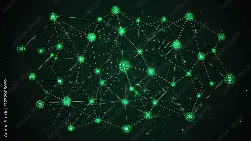 Poster green network nodes illustrating complex connections