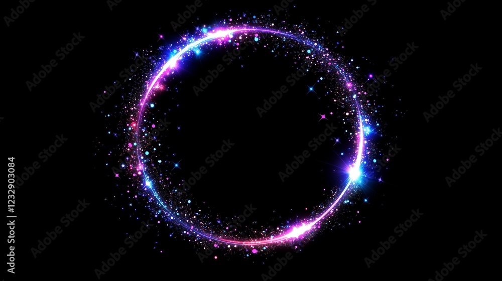 Aufkleber multicolored glitter circle of sparkling light particles in a circle frame on a black background.