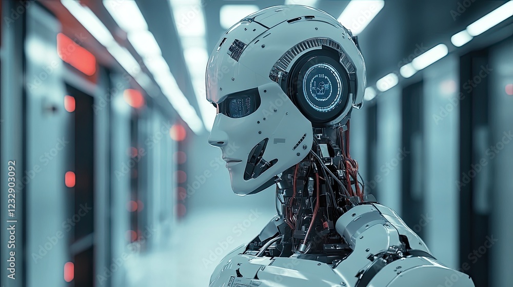 Poster advanced humanoid robot stands in a futuristic facility