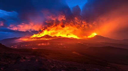 Volcanic Eruption at Sunset Fiery Sky and Lava Flow