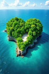 Heart-shaped island paradise, lush vegetation, turquoise water, paradise island, serenity