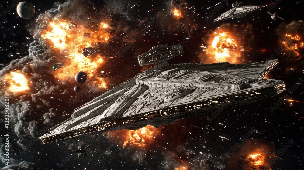 Aufkleber dramatic space battle with explosions and spaceships in action