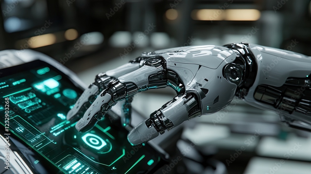 Poster robotic hand interacting with futuristic interface