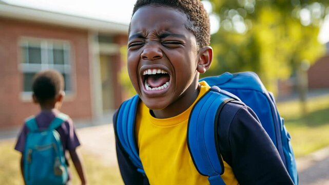 young boy crying, having a tantrum, kid with school bag