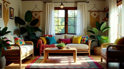 Fototapeta premium Living Room with Colorful Sofa, Coffee Table, and Bohemian Vibes Enhanced by Greenery