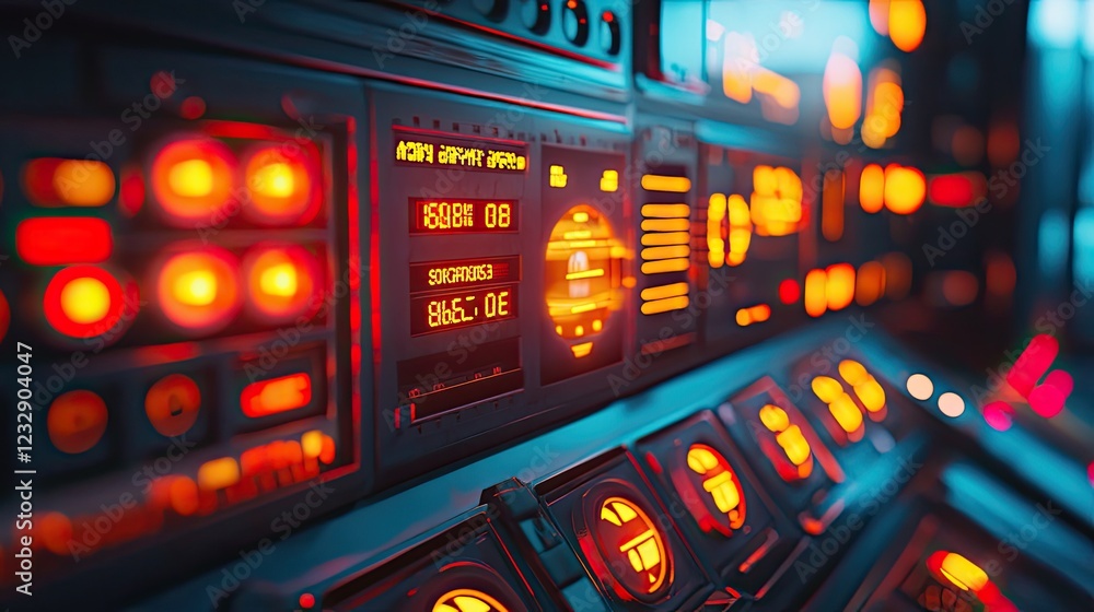 Poster Futuristic Control Panel with Illuminated Buttons and Displays