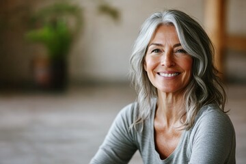 smiling mature woman with gray hair meditating in yoga studio