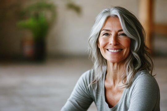 smiling mature woman with gray hair meditating in yoga studio