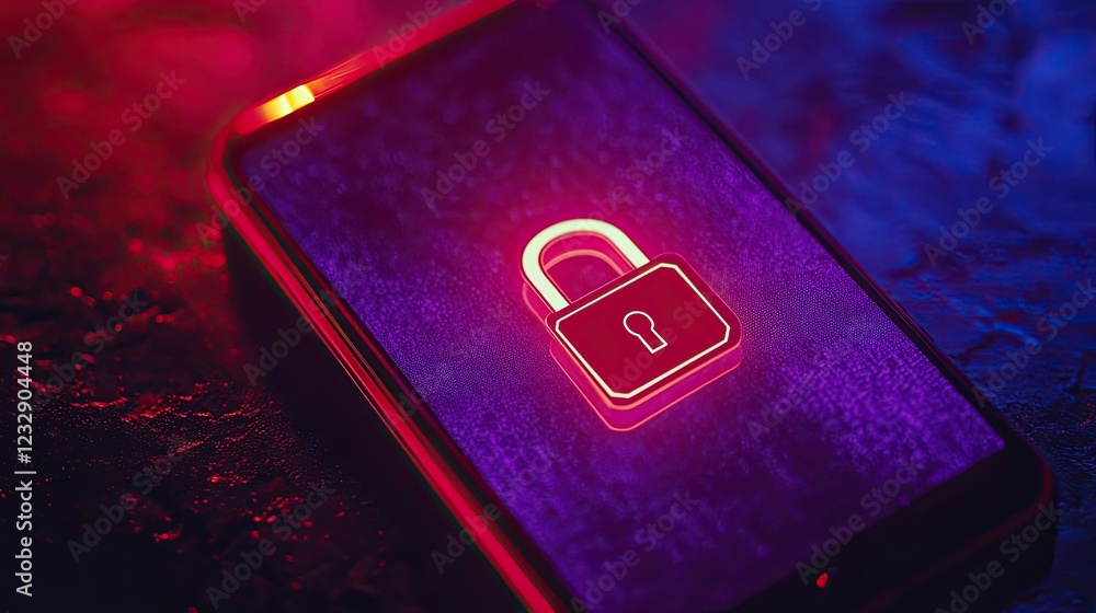Poster neon padlock displayed on smartphone screen