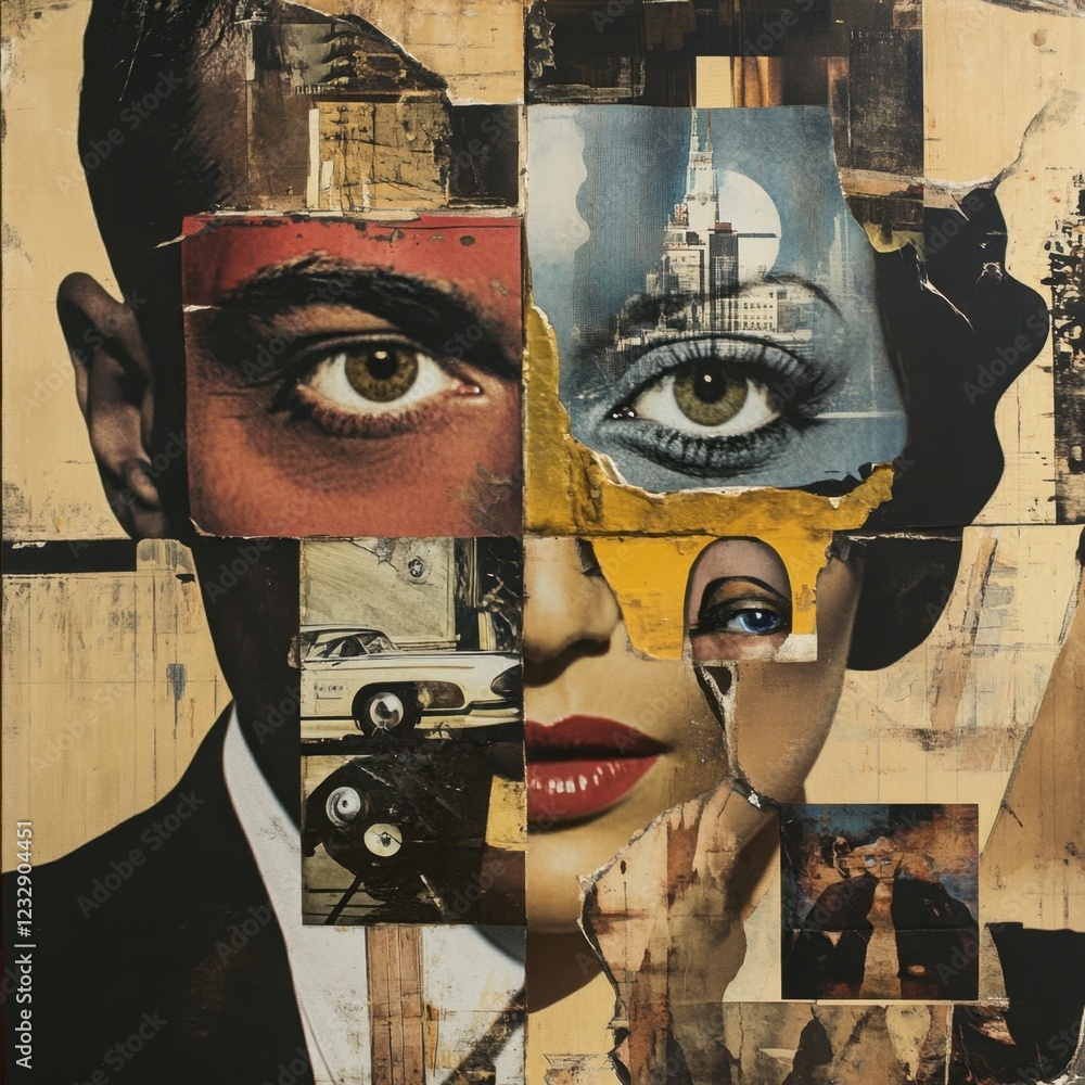 Poster Surreal Collage of Faces and Objects Merging in Artistic Expression