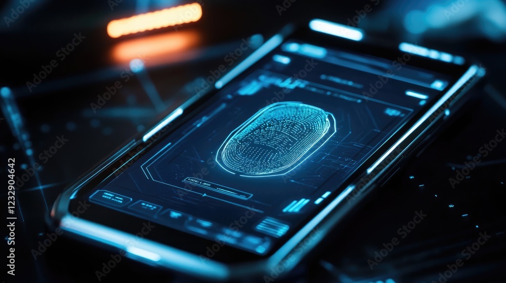 Poster Futuristic Smartphone Displaying Fingerprint Scan Technology