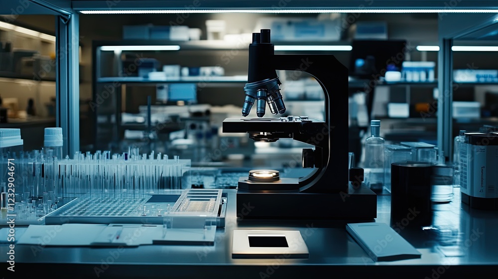 Poster modern microscope in a sterile laboratory setting