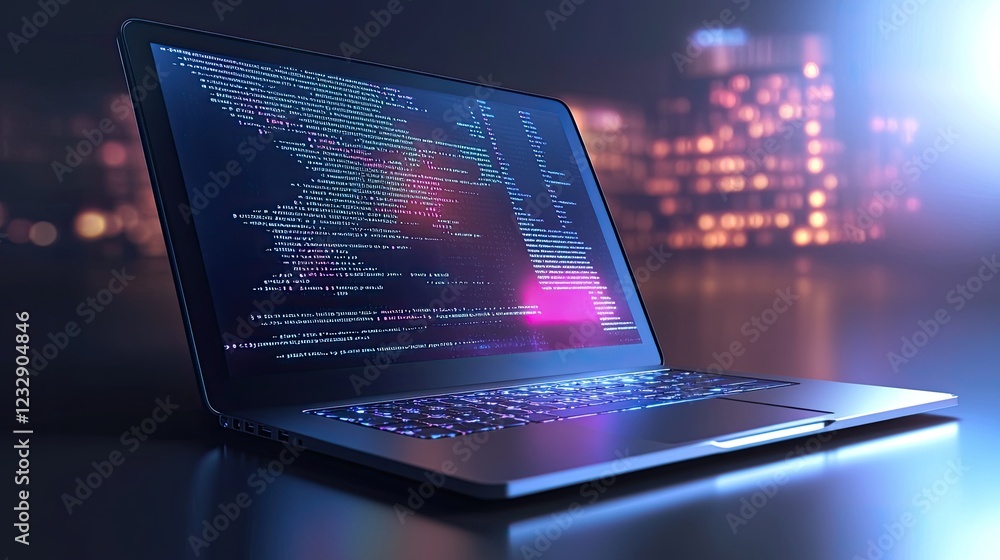 Poster Laptop Displaying Lines Of Computer Code At Night