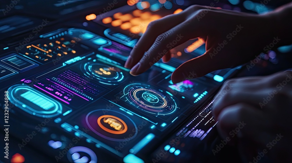 Poster Futuristic Interface Hand Interacting With Digital Display