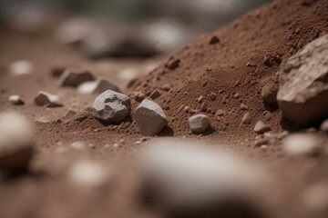 soil and rock earth, Red brown stone background with space for design. Rock surface texture. Cracked, crumbled, crushed. Rough. Close-up. Banner. Wide. Long. Panoramic.