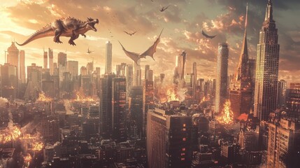 Fototapeta premium Epic Battle Between Dinosaurs and Dragons Over a Modern Cityscape