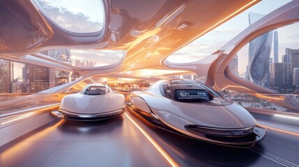 Obraz premium Futuristic Cityscape: Autonomous Vehicles Glide Through Architectural Marvel