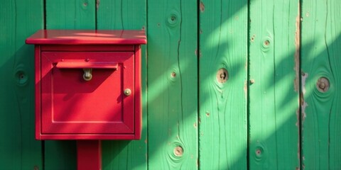 Fototapeta premium A vibrant red mailbox stands against a weathered green wooden fence, bathed in sunlight
