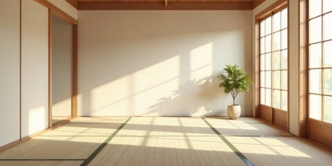 Serene Minimalist Interior Design with Sunlight Streaming Through Large Windows and Tatami Mat Flooring