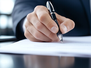 young man in suit writing business papers at desk in modern coworking office. copy space