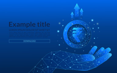 Technology income increase concept rupee coin . Abstract concept of coins in a hand and up arrows on blue background. 