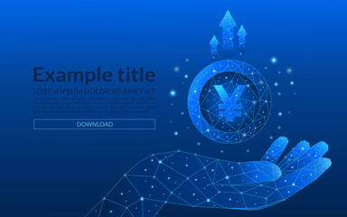 Technology yuan currency revenue growth concept. Abstract concept of coins in a hand and up arrows on blue background. Money coins in a hand. 