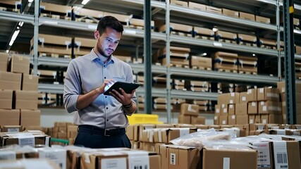 Male warehouse clerk scans parcels using tablet computer, works in postal service or online store lo