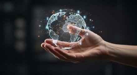 Digital global economy visualization with holographic globe representing interconnected currencies and technological advancement for worldwide financial integration