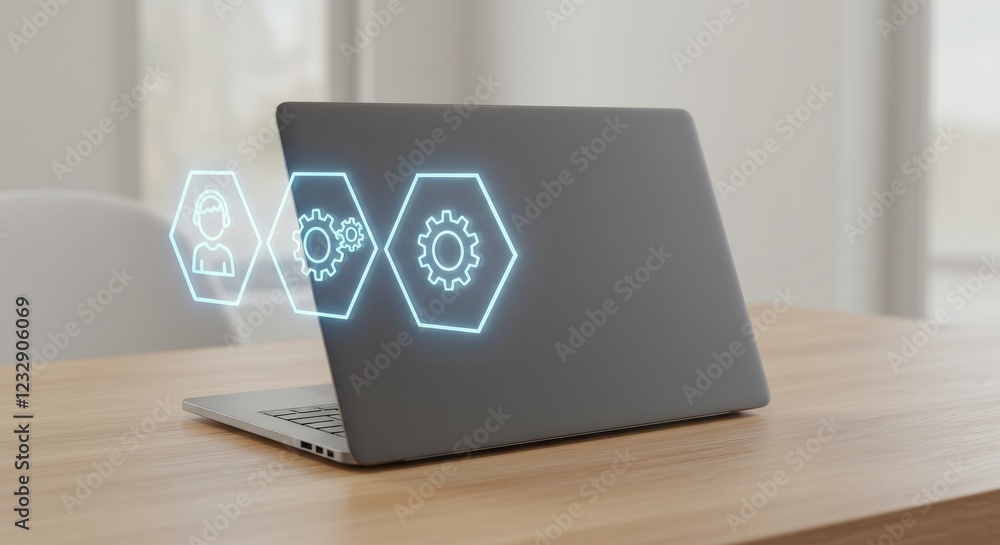 Aufkleber advanced technology integration concept on a wooden desk featuring device and digital interface for 