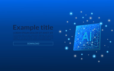 Top view of AI chip on blue technology background. Polygonal CPU or semiconductor. Light blue AI microchip on electric blue background. Artificial intelligence concept.