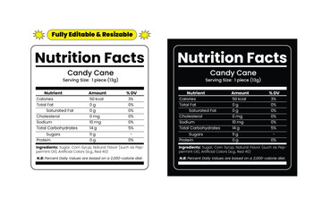 Candy Cane Nutrition Facts. Nutrition facts label and nutritional value of Candy Cane. Editable and resizable templates of nutrition facts, supplement facts and vitamin facts.