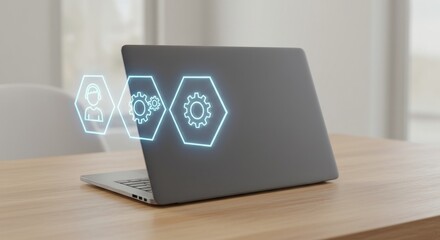 Advanced technology integration concept on a wooden desk featuring device and digital interface for business productivity and communication tool in an innovative style