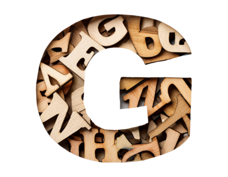 Letter G lettering with many letters isolated on a white background, cut out 