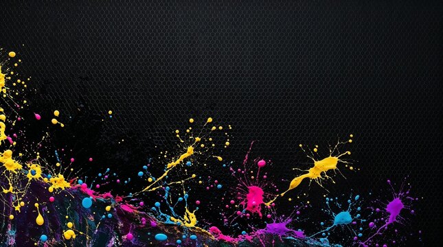 A dynamic splash of vibrant colours on a dark textured background, horizontal, with the colourful elements concentrated in the lower half, creating a sense of upward movement.