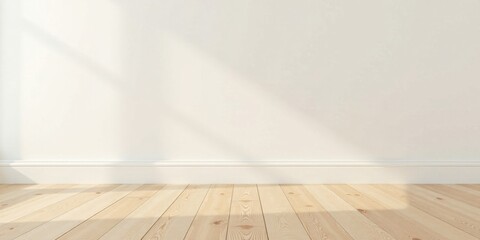 Empty Room Interior with Light Wooden Floor and White Walls Featuring Subtle Sunlight Shadows