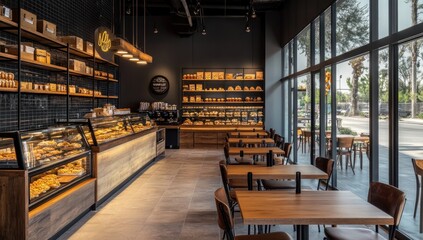 Modern Bakery Interior Design: Warm Wood and Dark Accents