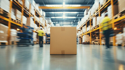 Large shipping box positioned in a busy logistics warehouse with workers in motion
