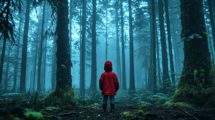 Obraz premium Little boy wandering in a foggy forest wearing a bright red jacket