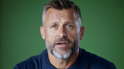 Obraz premium Man speaking, green background, studio portrait, video interview