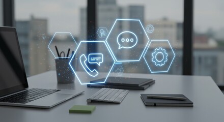 Desktop with holographic communication icon in urban setting for futuristic office technology and virtual connection concept