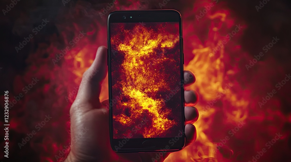 Poster a hand holds smartphone displaying fiery image
