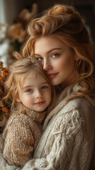 Cozy autumn mother and daughter portrait in warm knitted sweaters