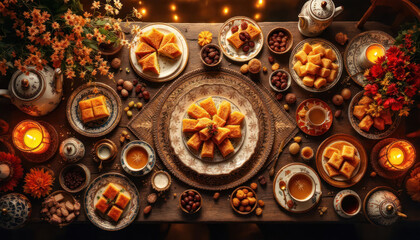 A Luxurious Middle Eastern Feast: Baklava, Tea, and Warm Ambiance