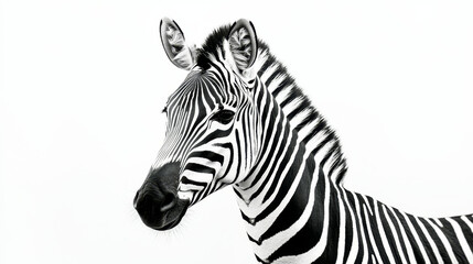 Fototapeta premium Striking minimalist black and white portrait of a zebra against a white background