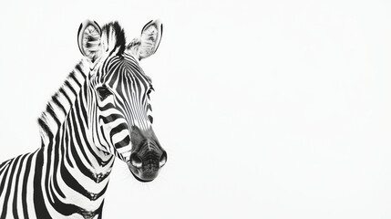 Fototapeta premium Striking minimalist black and white portrait of a zebra against a white background