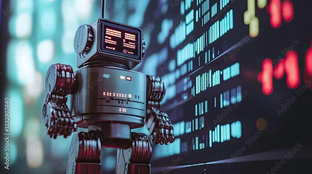 Poster Retro Robot Analyzing Data Stream Display