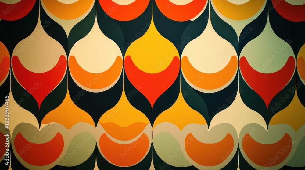 Poster colorful retro pattern with curves and teardrop shapes in orange