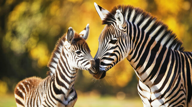 Mother zebra and her foal share a tender moment in the wild savanna