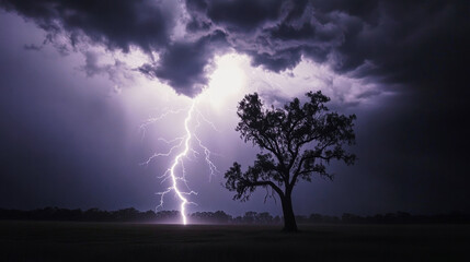 Lightning bolt strikes giant tree amidst heavy rain and dark storm clouds in dramatic storm